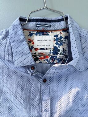Denim & Flower Light Blue Microdot Button-Down Shirt with Floral Trim - XL